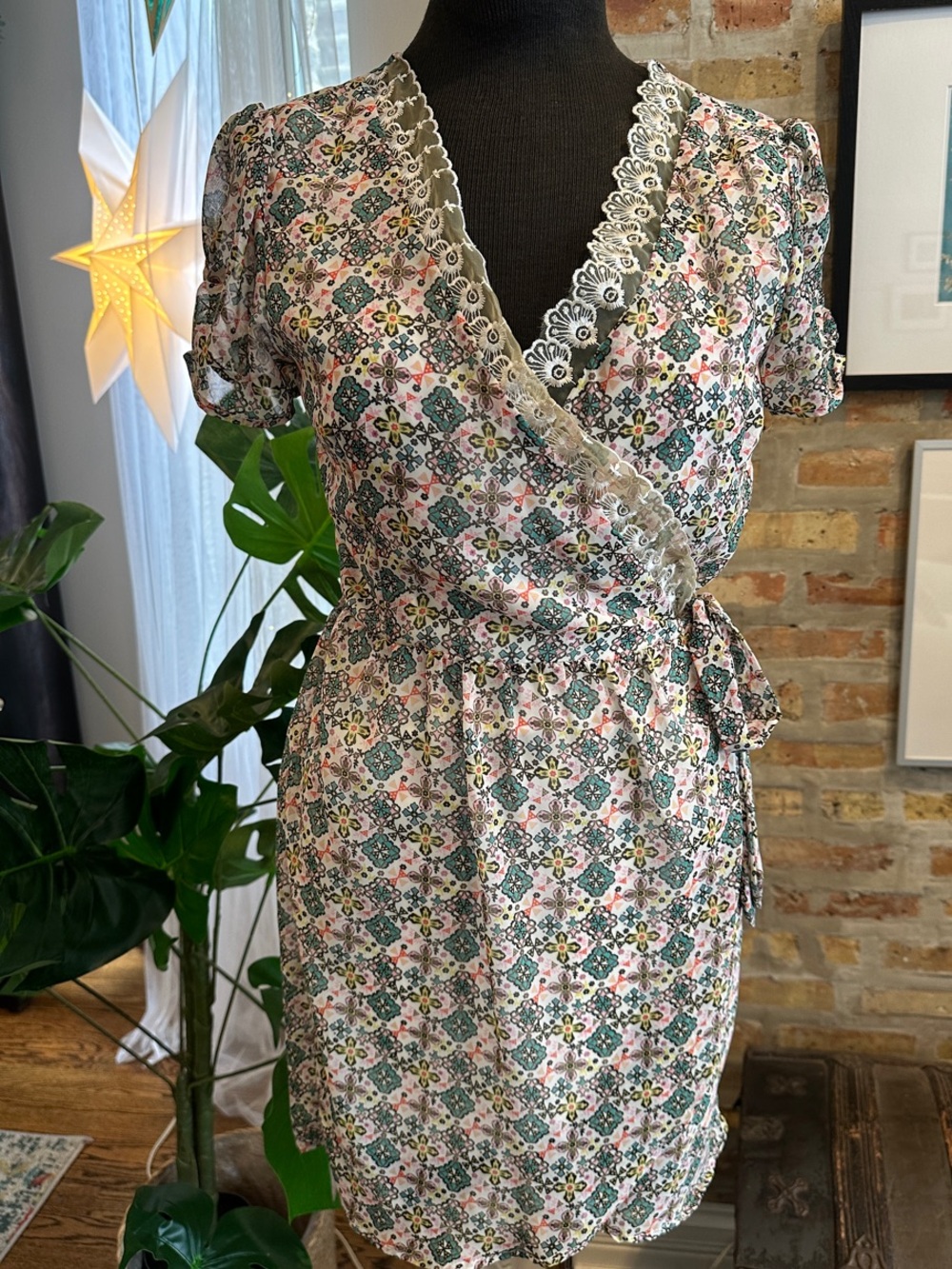 Peppermint Floral Lace-Trim Wrap Dress in Green and Pink